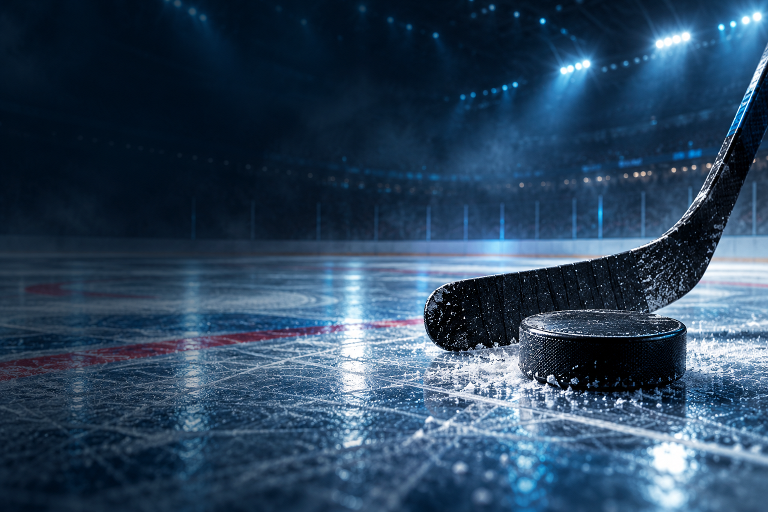 Une crosse et un palet sur la glace d’une patinoire